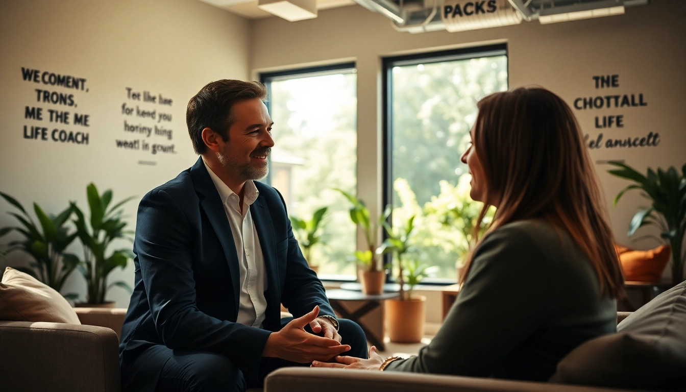 Engaging life coaching session with a professional coach in a serene office.