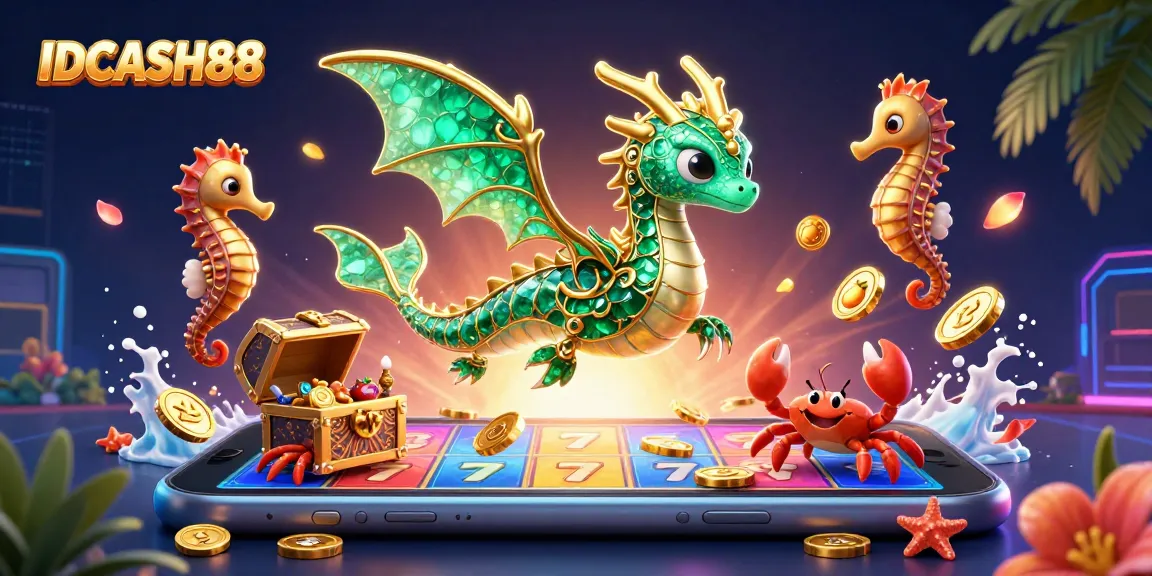 Spin vibrant slots with IDCASH88's emerald sea dragon and treasure chest adventure.