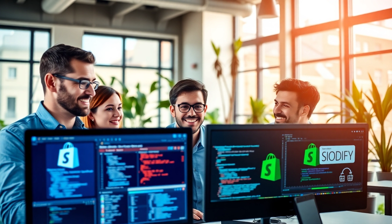 Hire Shopify developer and a team collaborating effectively in a modern workspace.