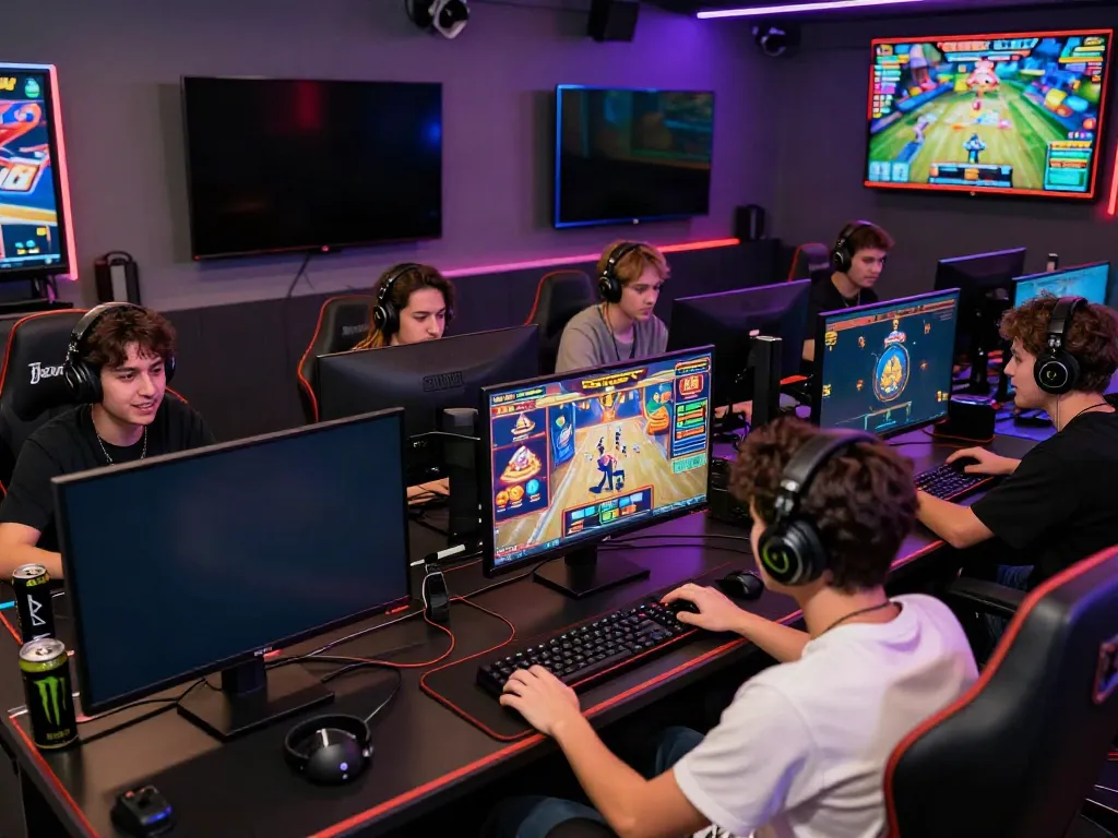 Exciting bro138 slot gaming scene showcasing young adults in a vibrant esports lounge.