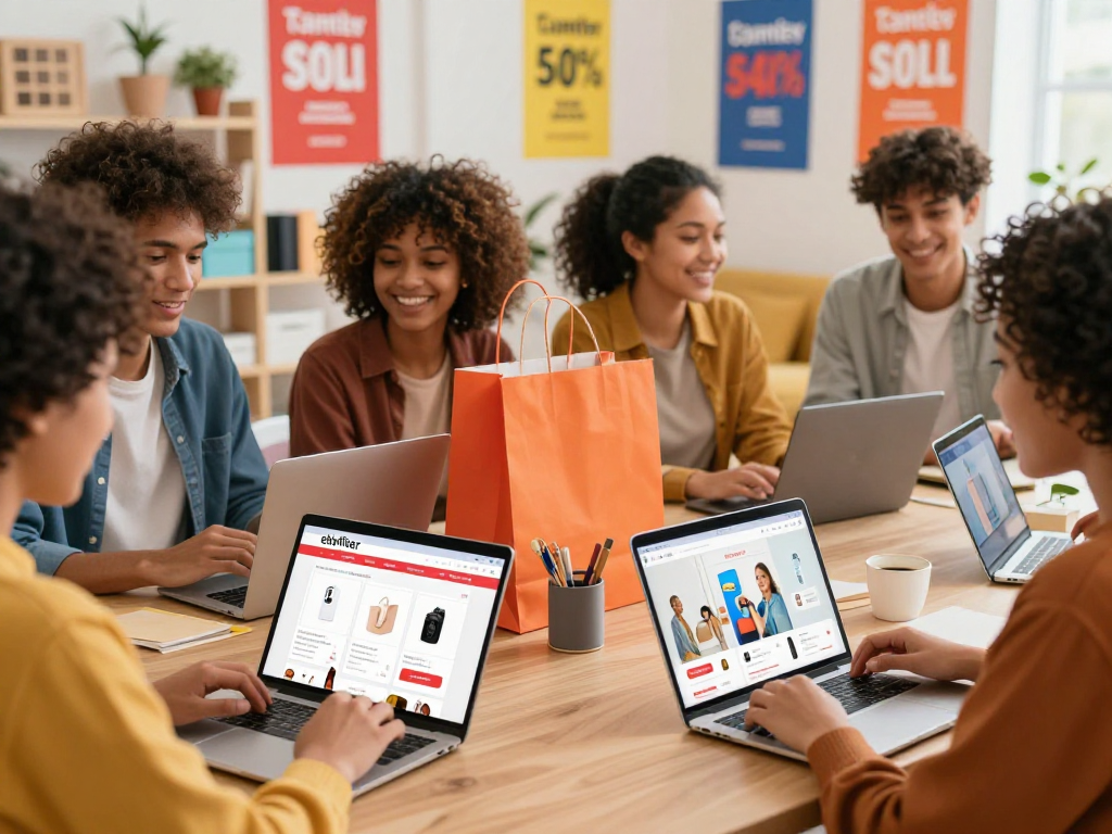 Experience online shopping at https://www.ebbfilter.com/shop with happy customers browsing products on digital devices.