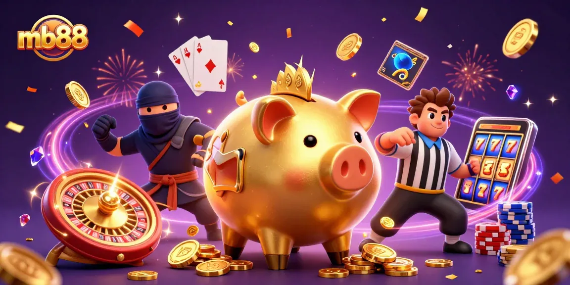 Join the fun with mb88's vibrant 3D casino scene featuring exciting gaming elements!