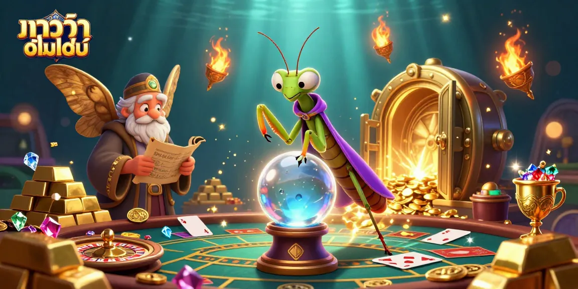 Engage in บาคาร่าออนไลน์ with a mystical scene featuring a fortune teller, librarian, and casino elements.