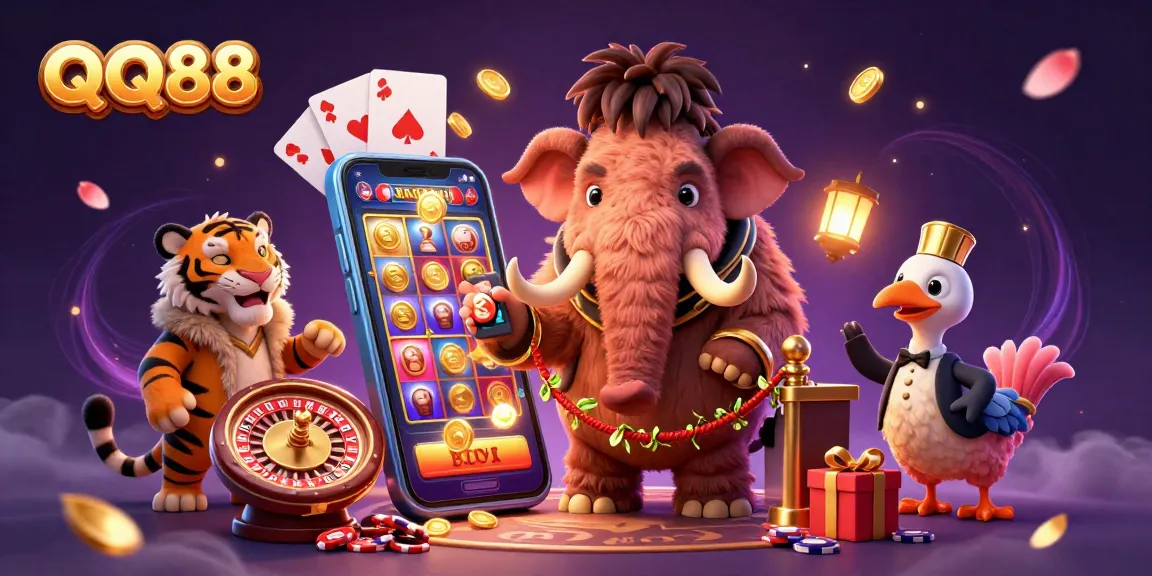Experience the fun of QQ88 Casino with unique characters in a vibrant gaming scene.