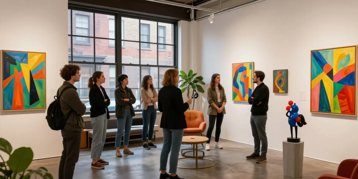 Visitors enjoying vibrant artwork at PanzaGallery, showcasing diverse art pieces in an urban loft setting.