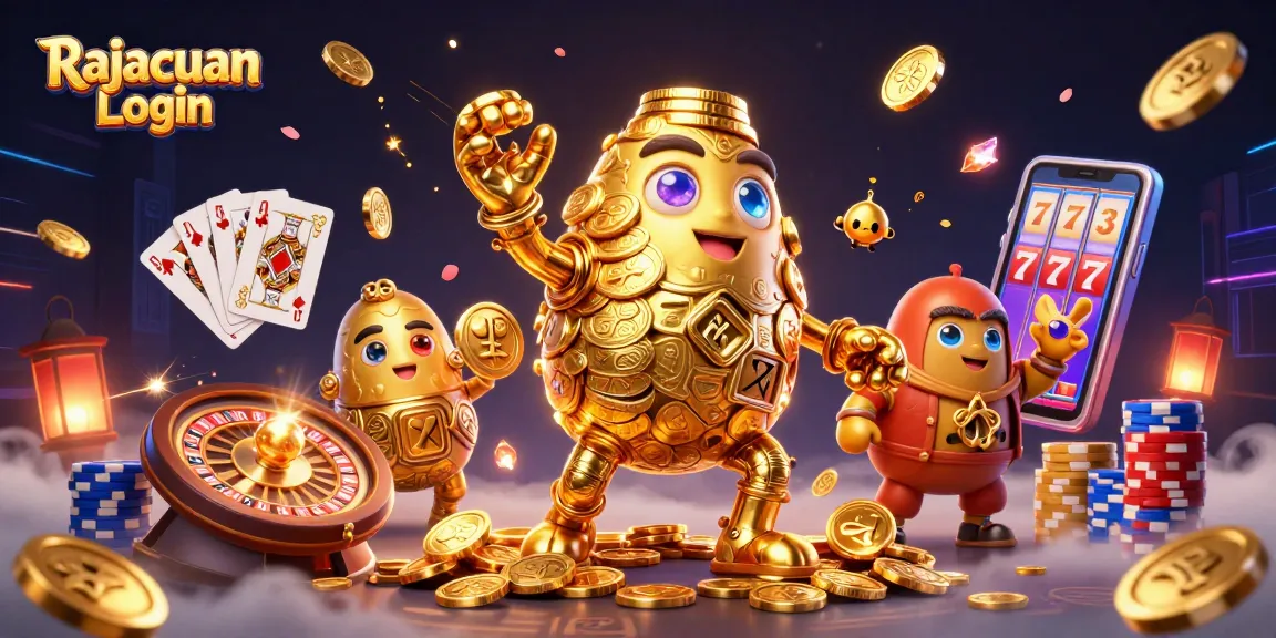 Permainan Rajacuan Login dengan golem emas bergerak, simbol mesin slot, dan efek cahaya kasino yang menggembirakan.