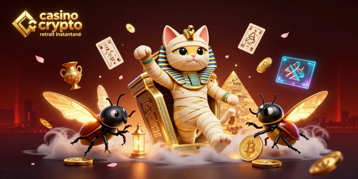 Illustration de casino crypto retrait instantané avec une mummy cat égyptienne et des éléments blockchain.