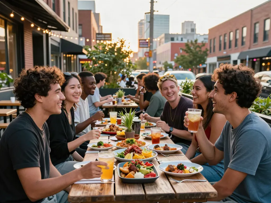 Friends enjoying outdoor dining at bedfordsocialclub.com, sharing gourmet meals and laughter.