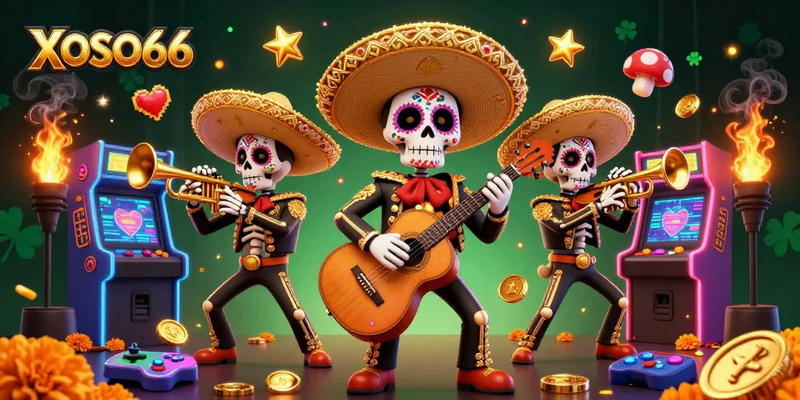 XOSO66 celebrates gaming with vibrant mariachi skeletons amid 3D arcade elements.
