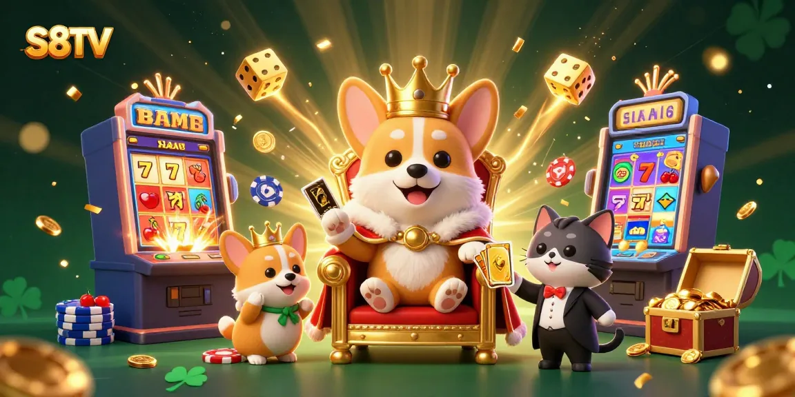 Experience thrilling moments with S8TV's royal corgi surrounded by glamorous casino elements.