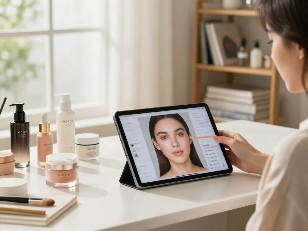 Person exploring alternatives to QOVES on a tablet at a stylish beauty vanity.