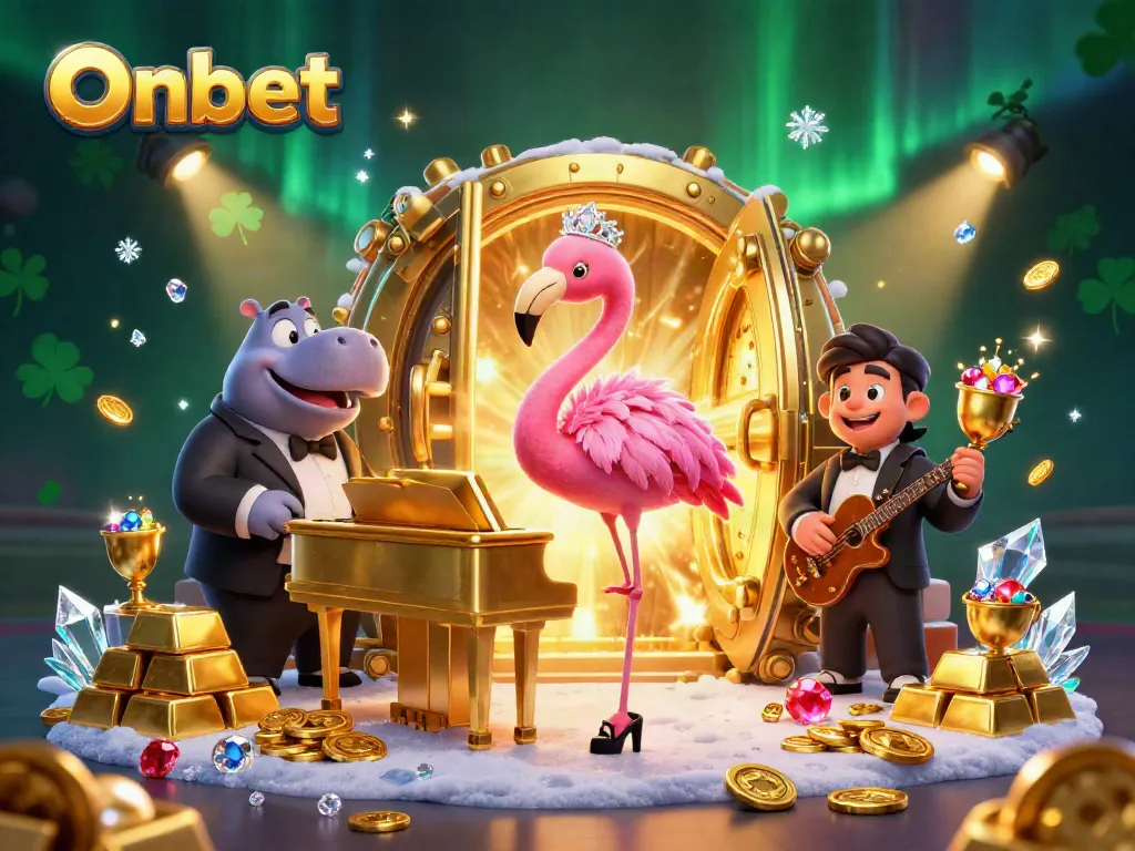Experience Onbet's vibrant casino atmosphere with a flamingo singer and hippo bassist amid treasures.