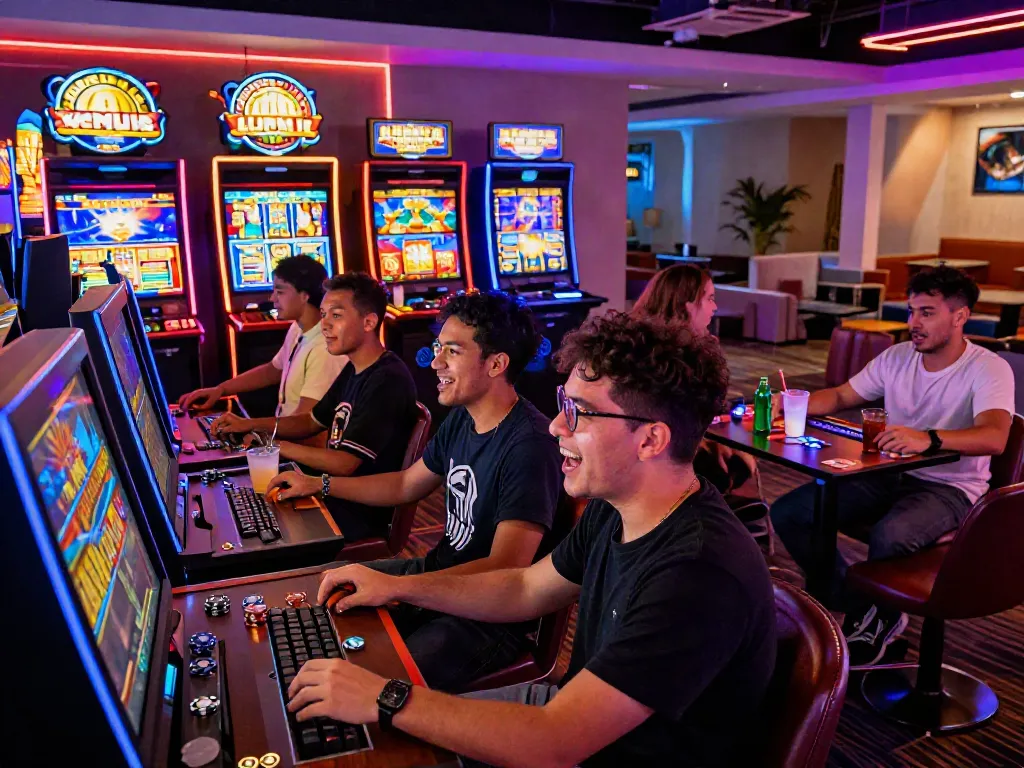 Players enjoying thrilling slot games in a vibrant online casino environment with colorful displays.