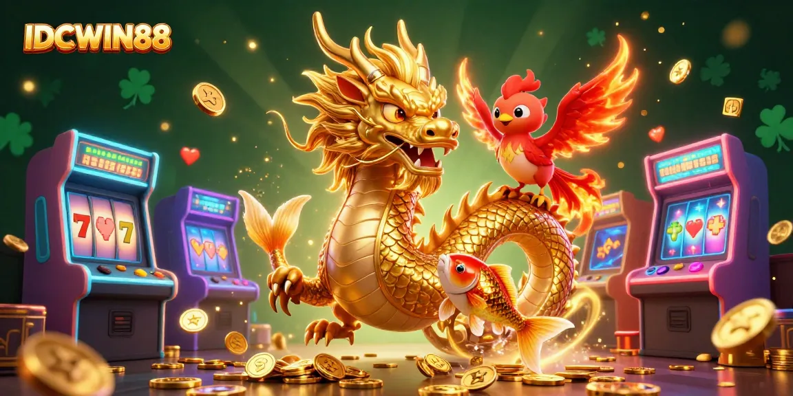 Experience thrilling wins at IDCWIN88 with a dynamic scene of gaming excitement, featuring iconic characters and casino elements.