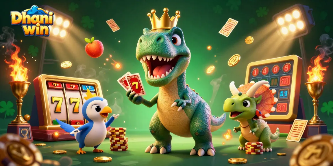 Engage in exhilarating games on Dhani win with friendly dinosaurs enjoying a lively casino atmosphere.