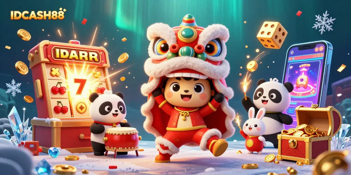 Experience maxwin excitement with IDCASH88 amidst a vibrant casino scene of slots and lucky symbols.