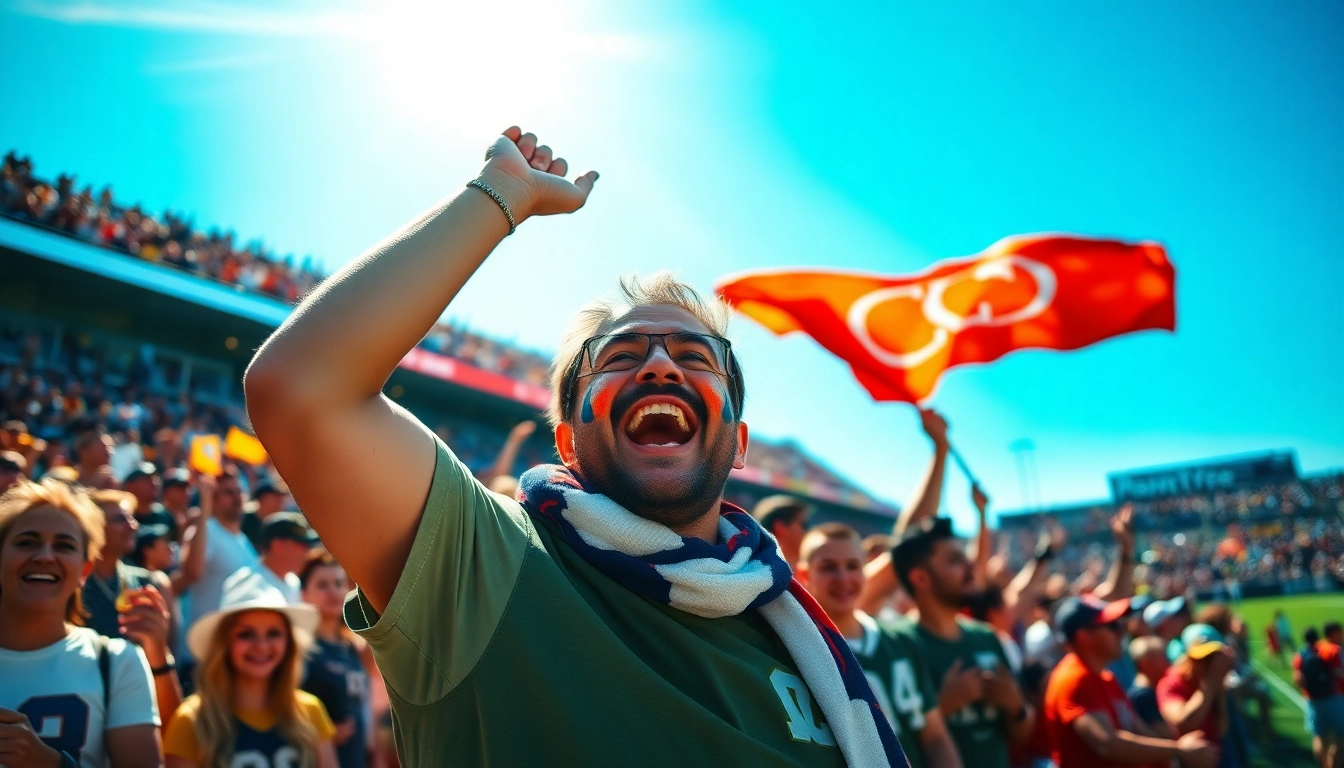 Tampilkan link streaming bola gratis dengan penggemar sepak bola ceria di stadion saat merayakan kemenangan.
