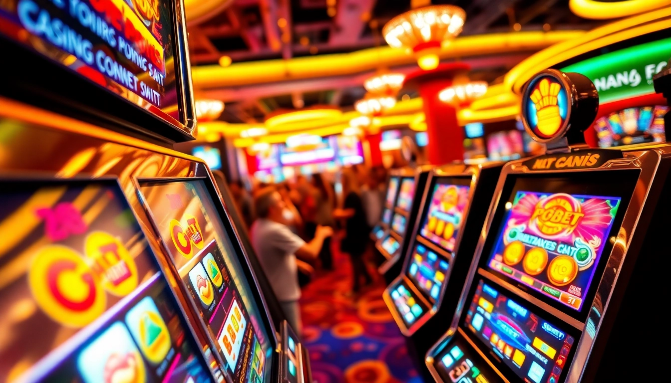 Putar pgbet slot dengan mesin slot berwarna cerah di kasino yang ramai