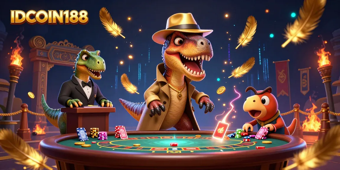 IDCOIN188 velociraptor card counter at blackjack table surrounded by action-packed casino elements.