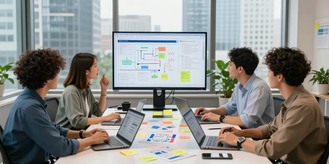 Build internal tools with AI in a modern office workspace with a diverse team collaborating on project designs.