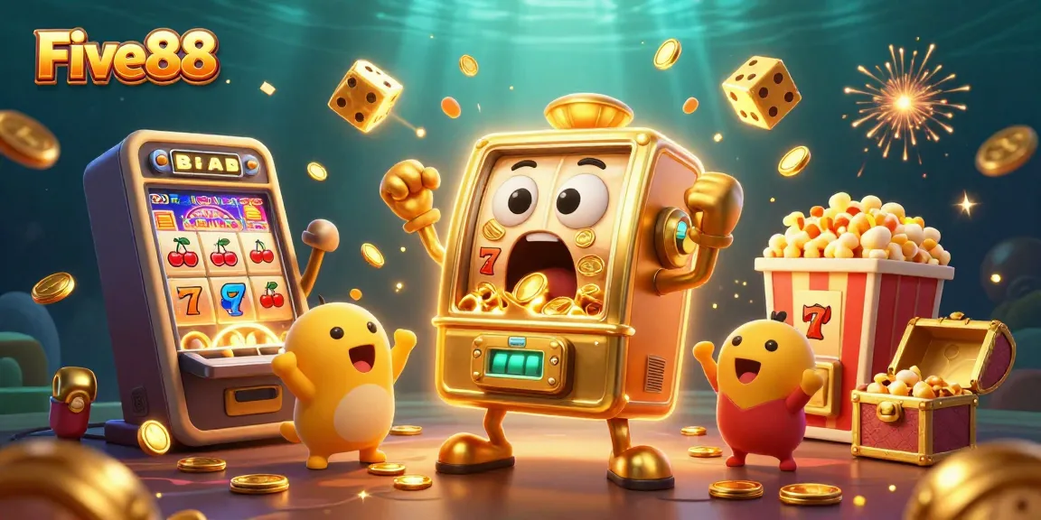 Experience excitement with Five88's golden slot machine hitting a jackpot, surrounded by cheering machines.