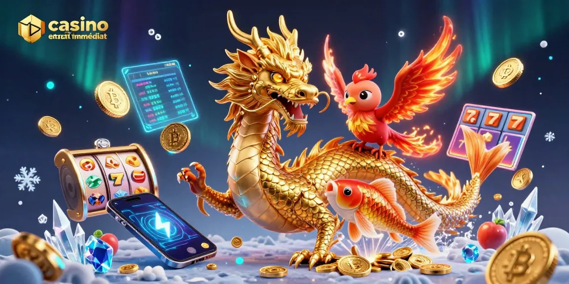 Jouez au casino en ligne retrait immédiat avec la magie d'un dragon d'or, phénix et koi.