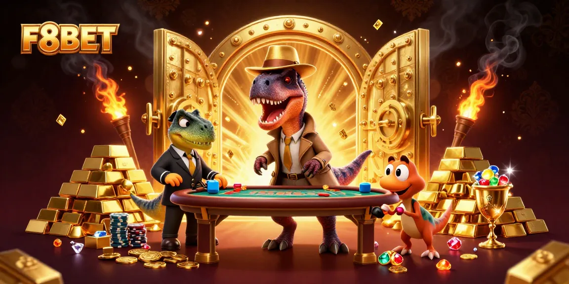 F8BET features a cartoon velociraptor at a blackjack table, showcasing vibrant casino action.