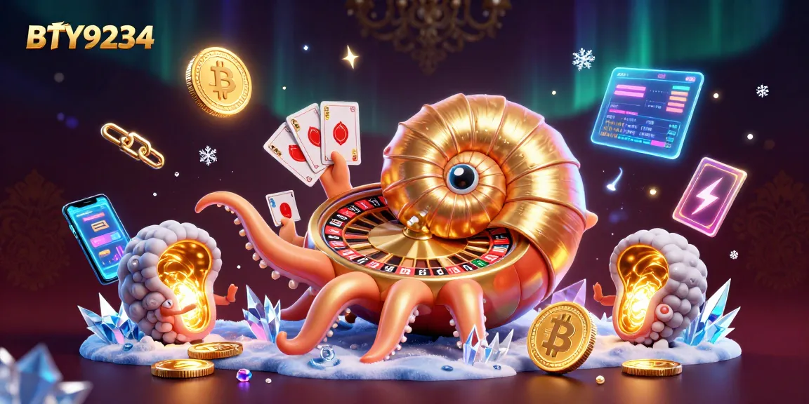 Engage with BTY9234 in a vibrant 3D casino scene featuring ancient nautilus and crypto elements.