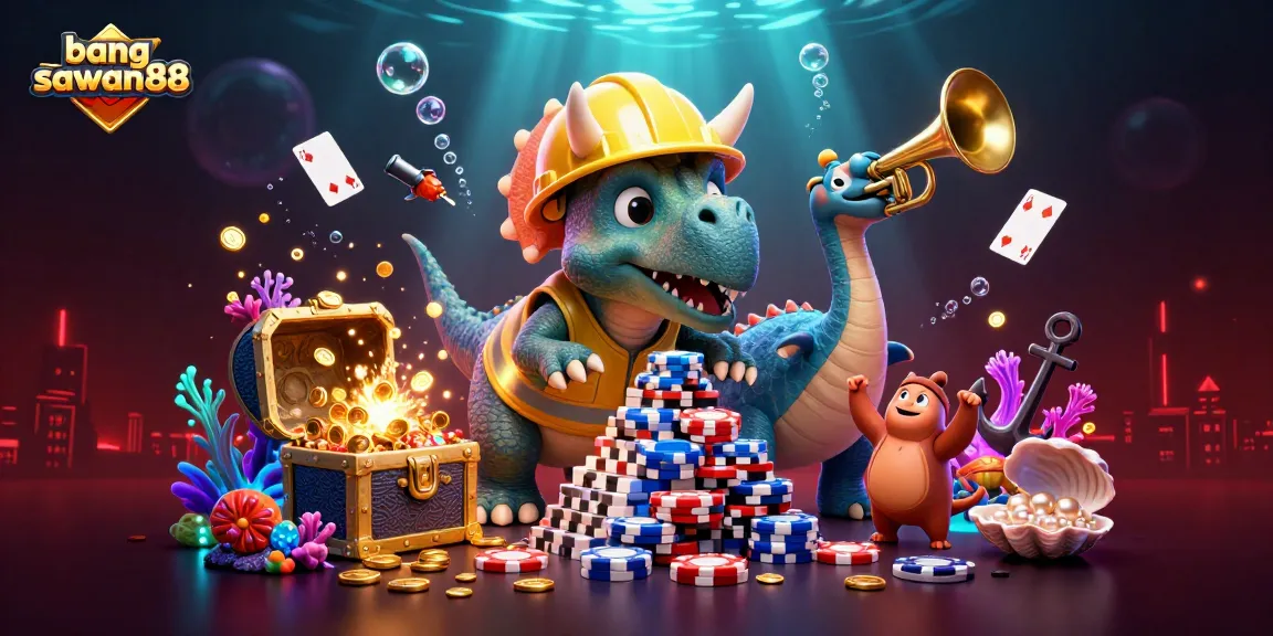 Bets on bangsawan88 come alive with a celebratory triceratops and vibrant casino elements.