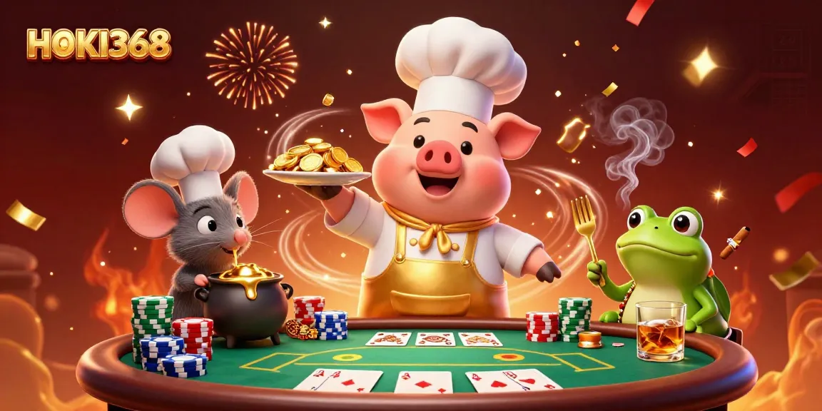 Join HOKI368 in a lively scene featuring a chef pig, sous-chef mouse, and critic frog at a poker showdown.