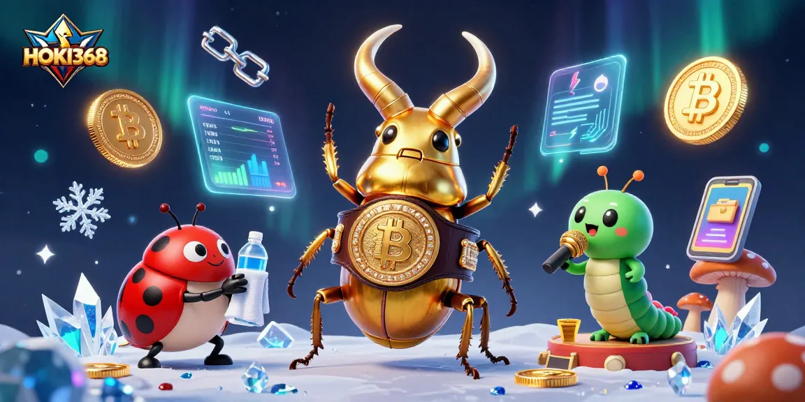 Engage with HOKI368's vibrant 3D casino illustration featuring golden stag beetle champions and glowing coins.
