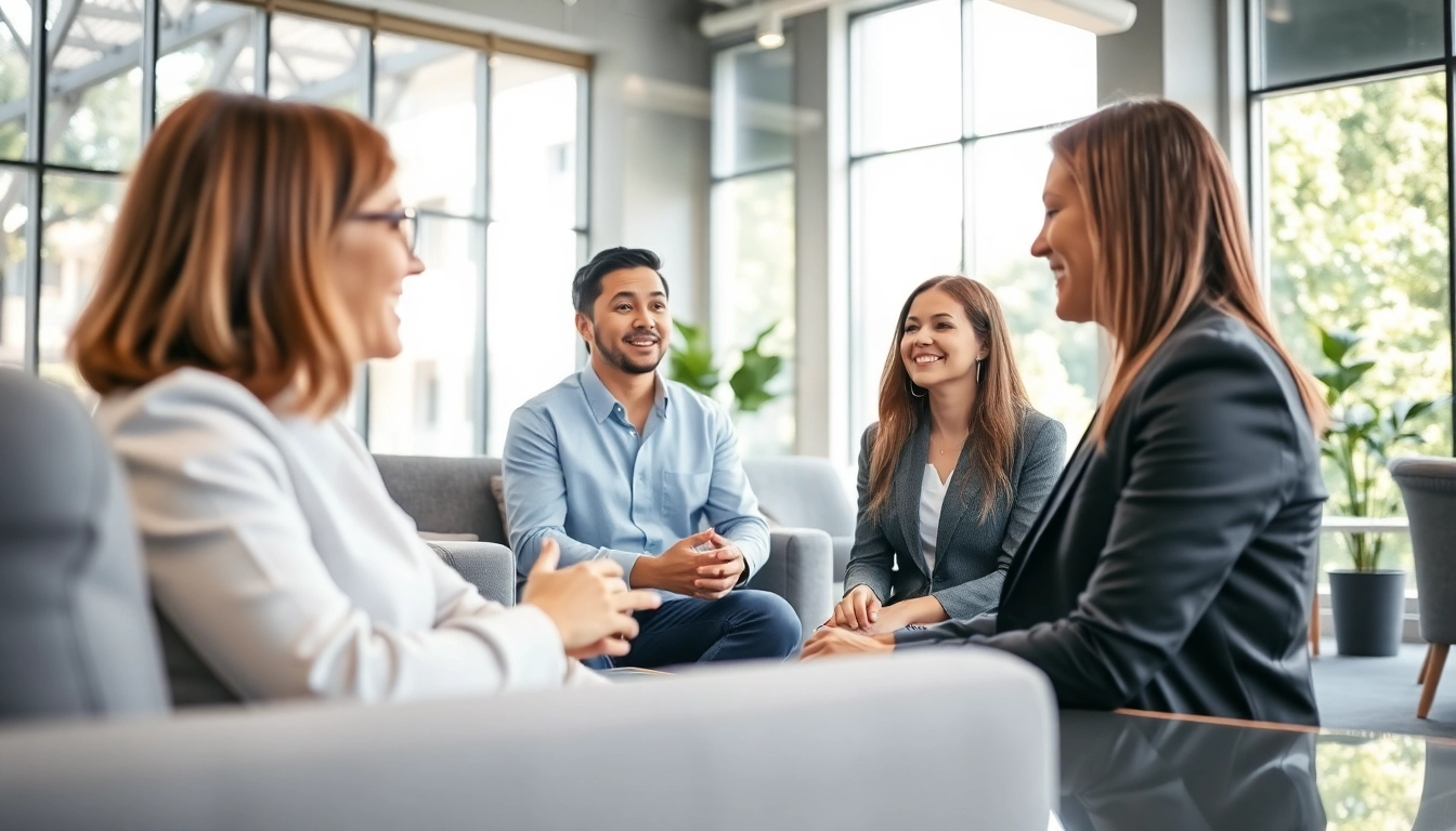 Consultant advising clients about temporary staffing agencies in a modern office setting.