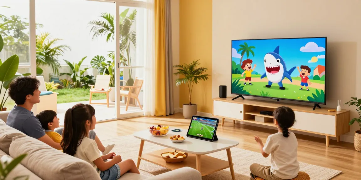 Family enjoying Blue Shark IPTV streaming cartoons and sports in a cozy living room.