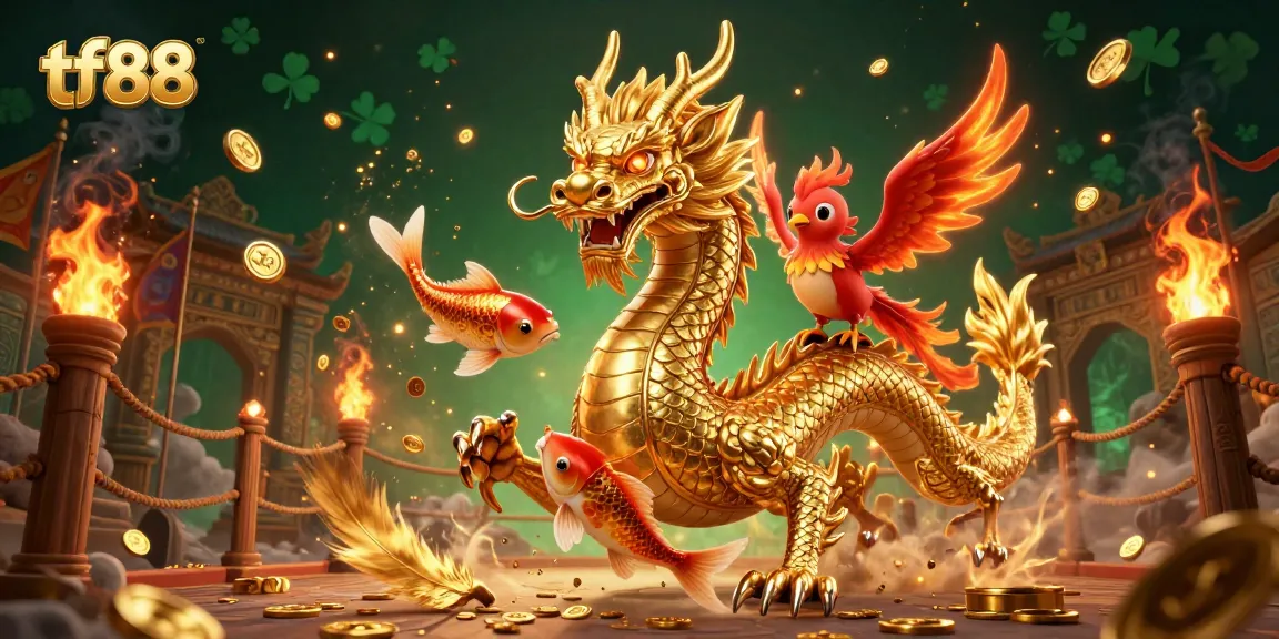Experience the thrilling gameplay at tf88 with a fierce dragon, phoenix, and koi fish amidst a dynamic casino adventure.