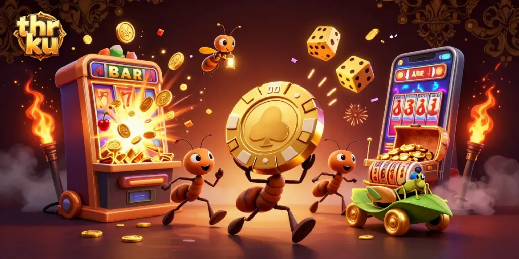 thr ku ants heisting a golden poker chip surrounded by vibrant casino elements