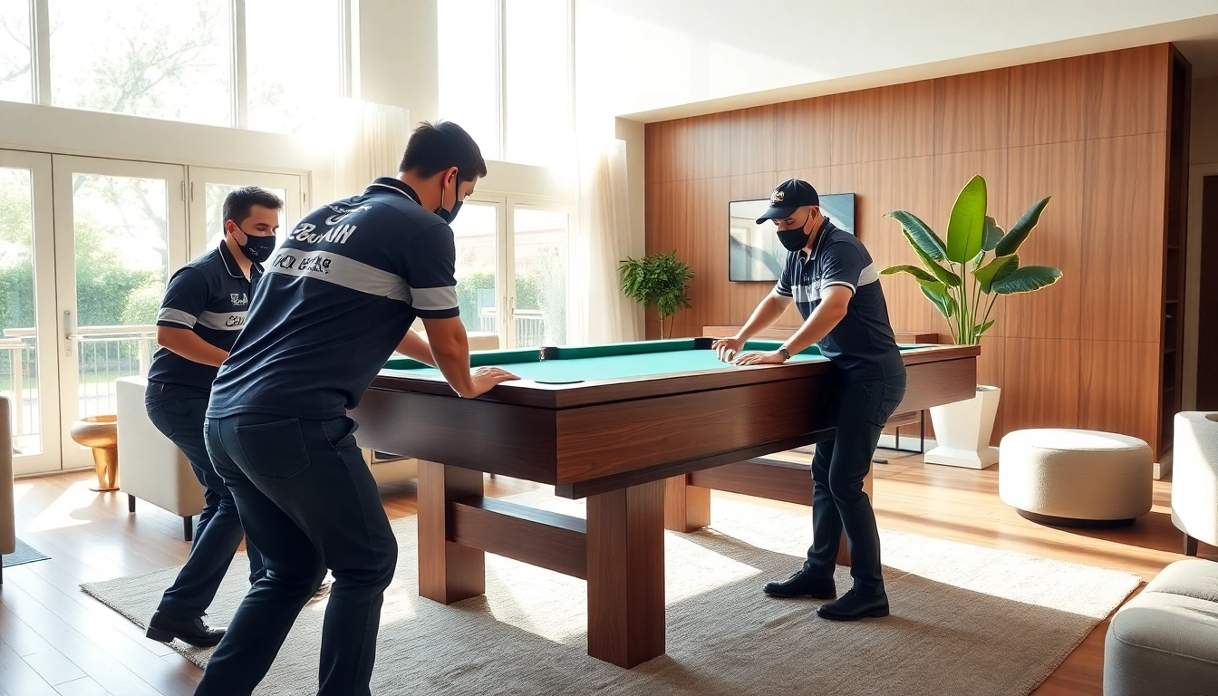 Experienced pool table movers dallas transporting a slate pool table in a contemporary home.