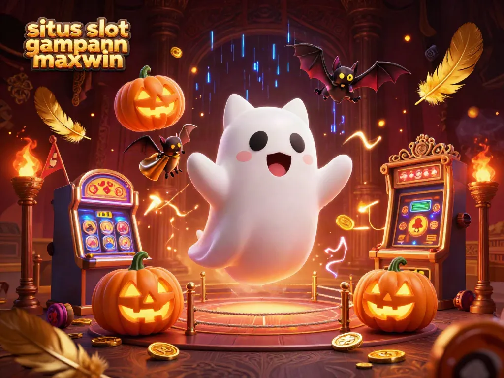 Engage with situs slot gampang maxwin in this vibrant haunted casino illustration with ghost cat and Jack-o’-lanterns.