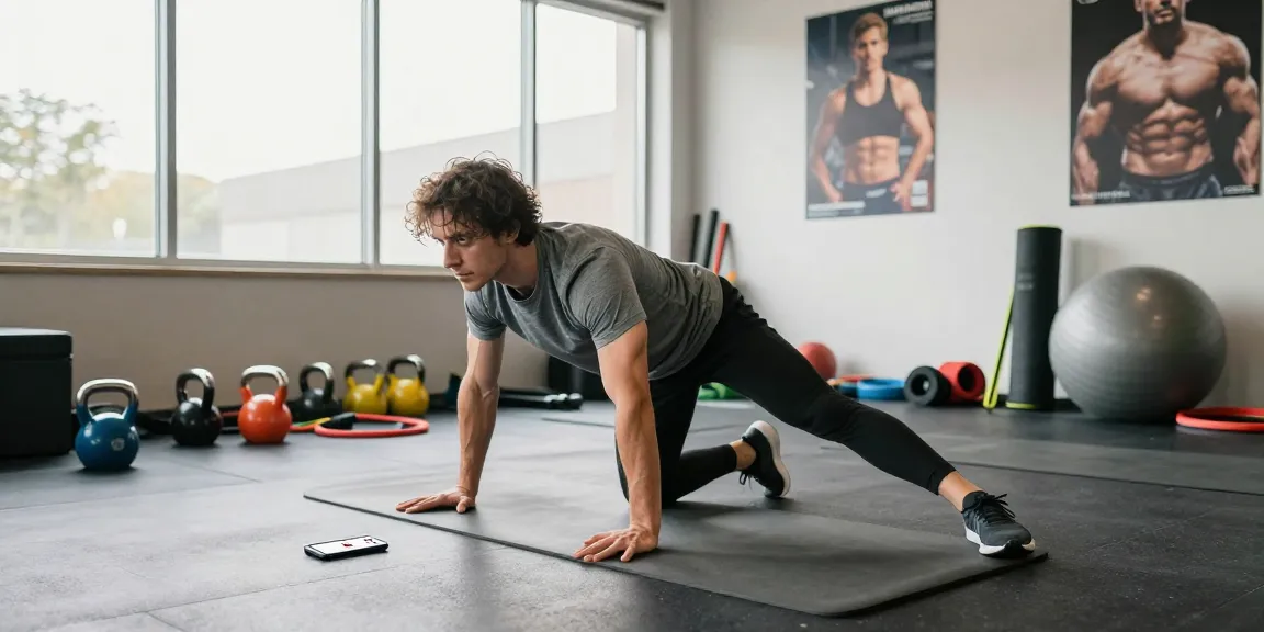 Prediksi 7meter in a vibrant fitness training scene showcasing an individual stretching with gym equipment in the background.