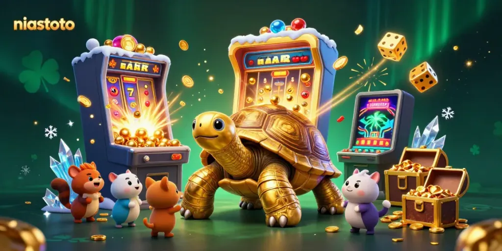 NIASTOTO casino game illustration showing a golden tortoise pinball machine surrounded by fun gaming elements