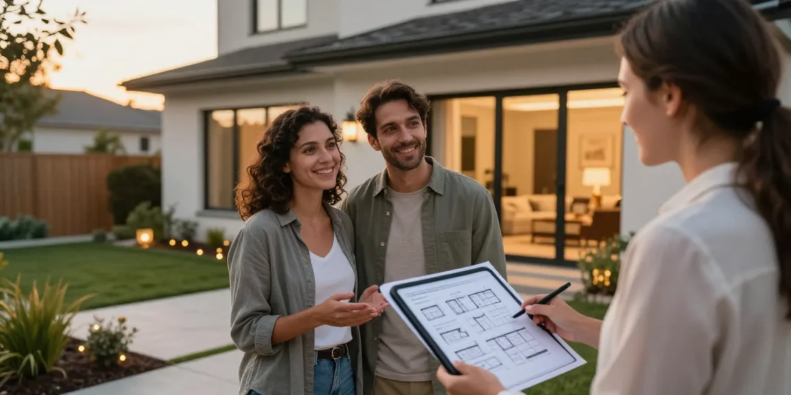 Woning Unie : Couple explorant une maison moderne avec agent immobilier.