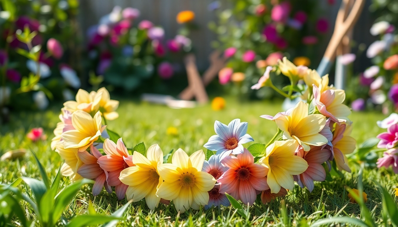 Die bluetenbande aus hochwertigen Blumen in einem sonnigen Garten arrangiert.