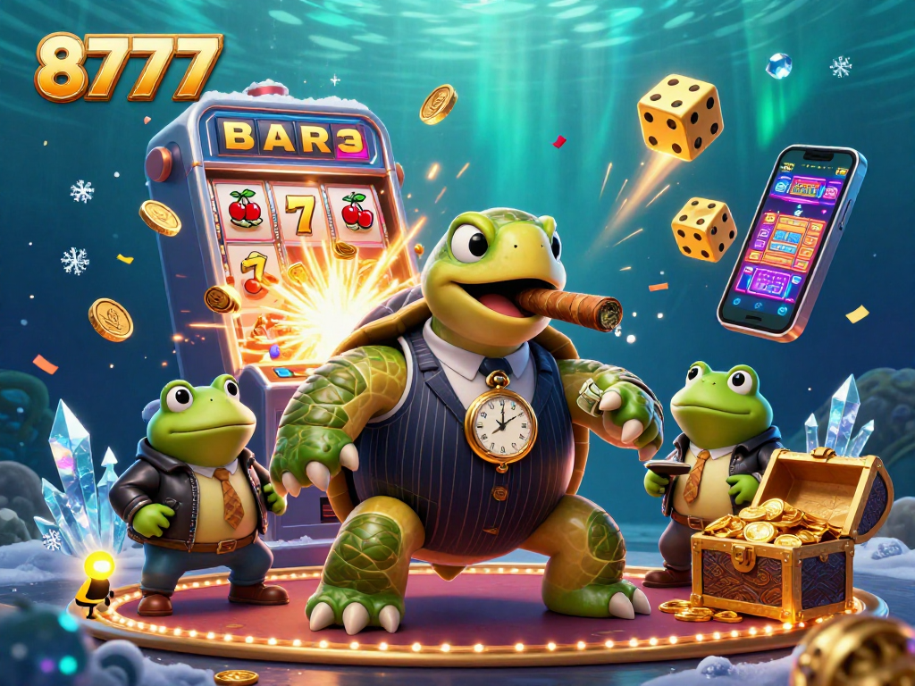 Join the excitement with 8777's lively casino scene featuring a turtle and frog enforcers among jackpots!