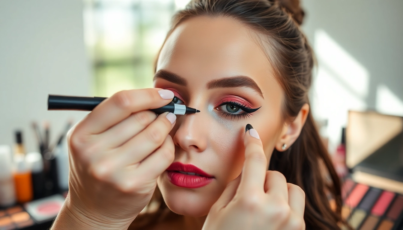 Artist demonstrates a tattoo eyeliner pen application for flawless eye makeup.