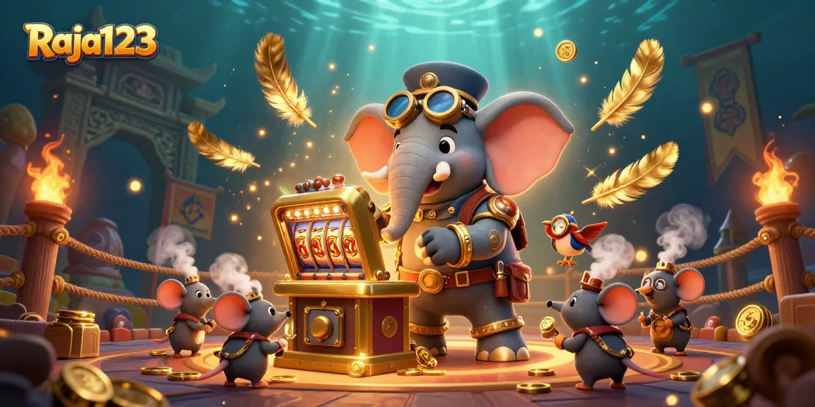 Experience the thrilling slot action with Raja123 illustrated by a steampunk elephant engineer and golden machine.