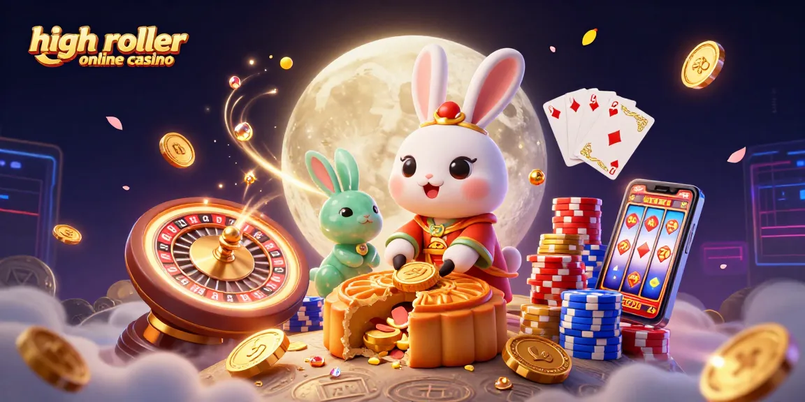 Experience the excitement of high roller online casino with lively 3D illustration featuring moon rabbits and thrilling gaming elements.