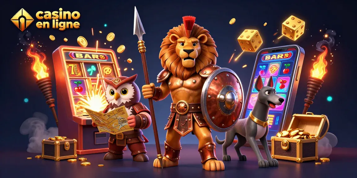 Illustrez le frisson des jeux de casino en ligne avec un lion, une chouette et un lévrier.