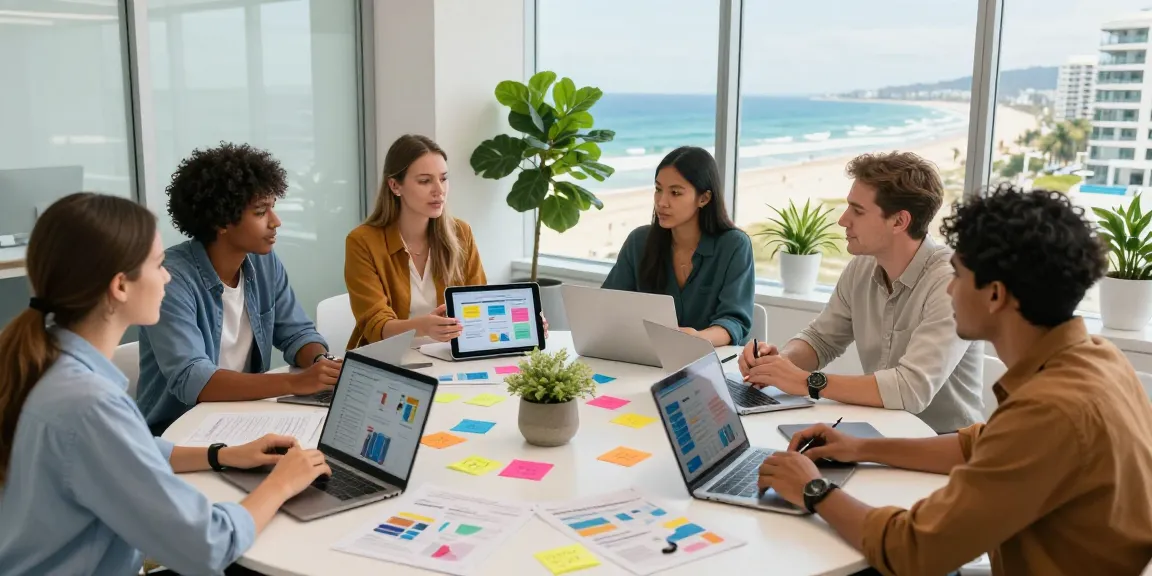 Marketing Agency Gold Coast team collaborating in a bright office with beach views.