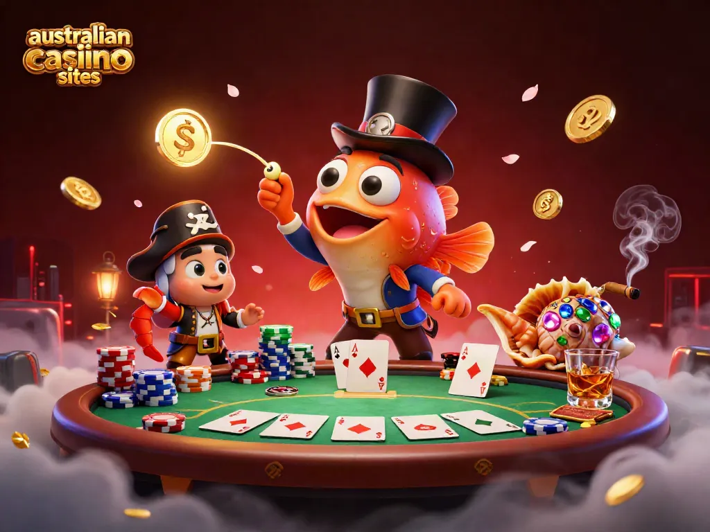 Engage with the thrilling scene of australian online casino sites featuring unique characters and poker elements.