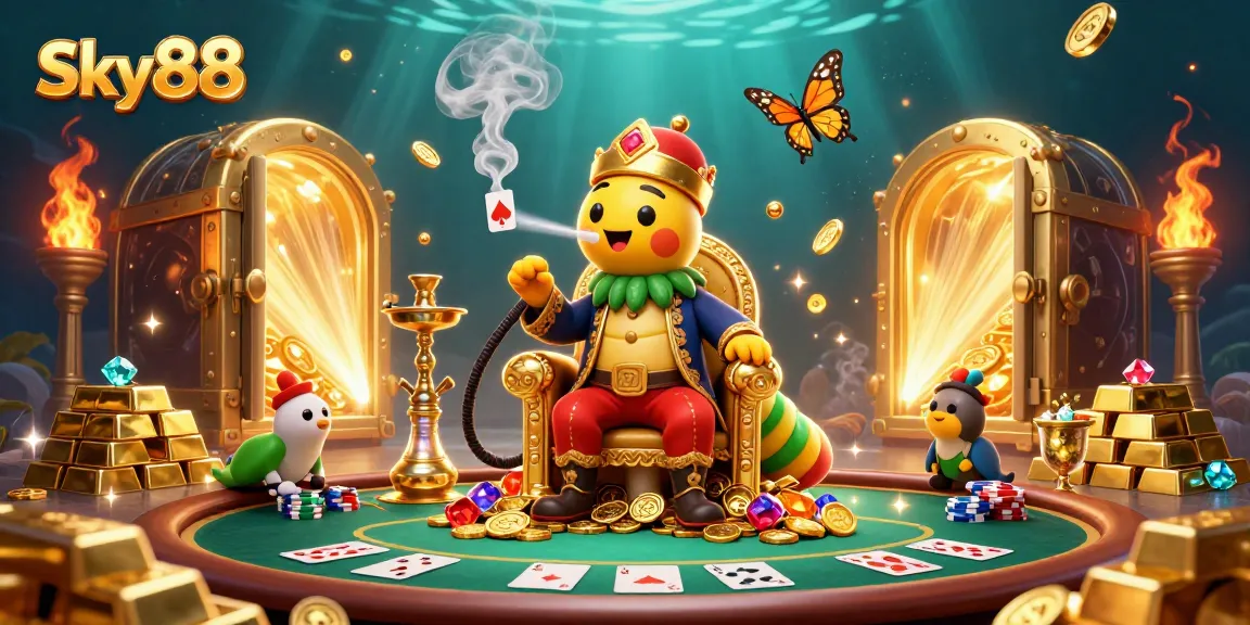 Engage in exhilarating poker action at Sky88 with vibrant 3D illustration of casino treasures and characters.