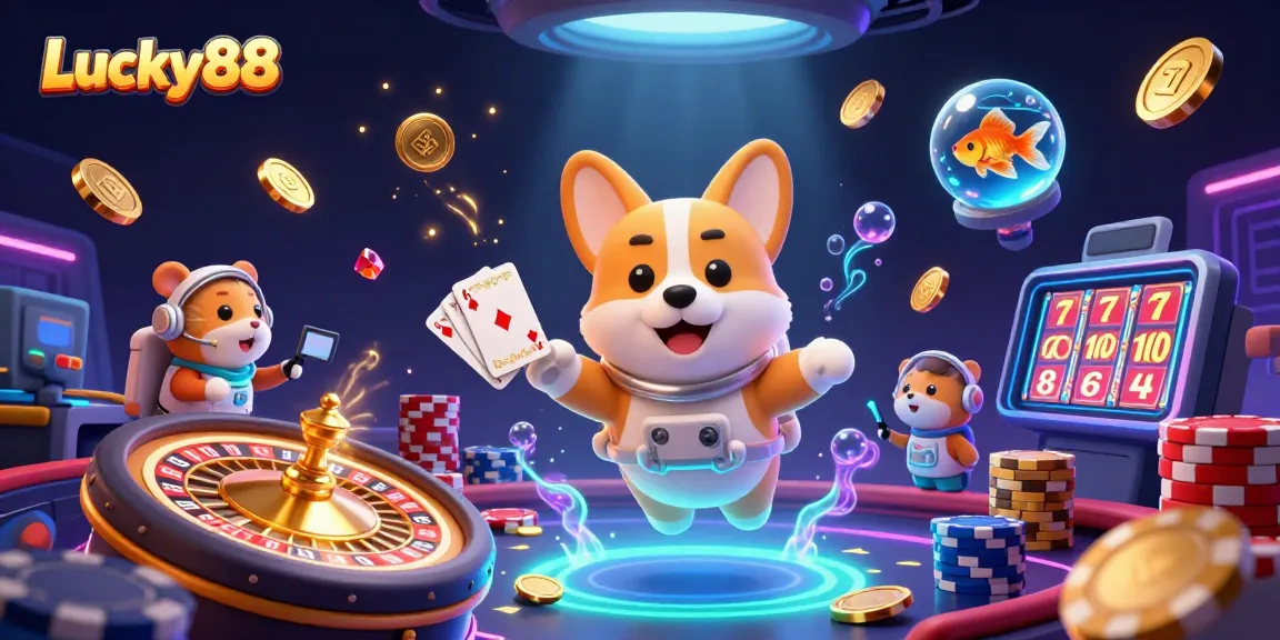 Experience Lucky88's space casino with a playful corgi astronaut, drifting chips, and colorful games.